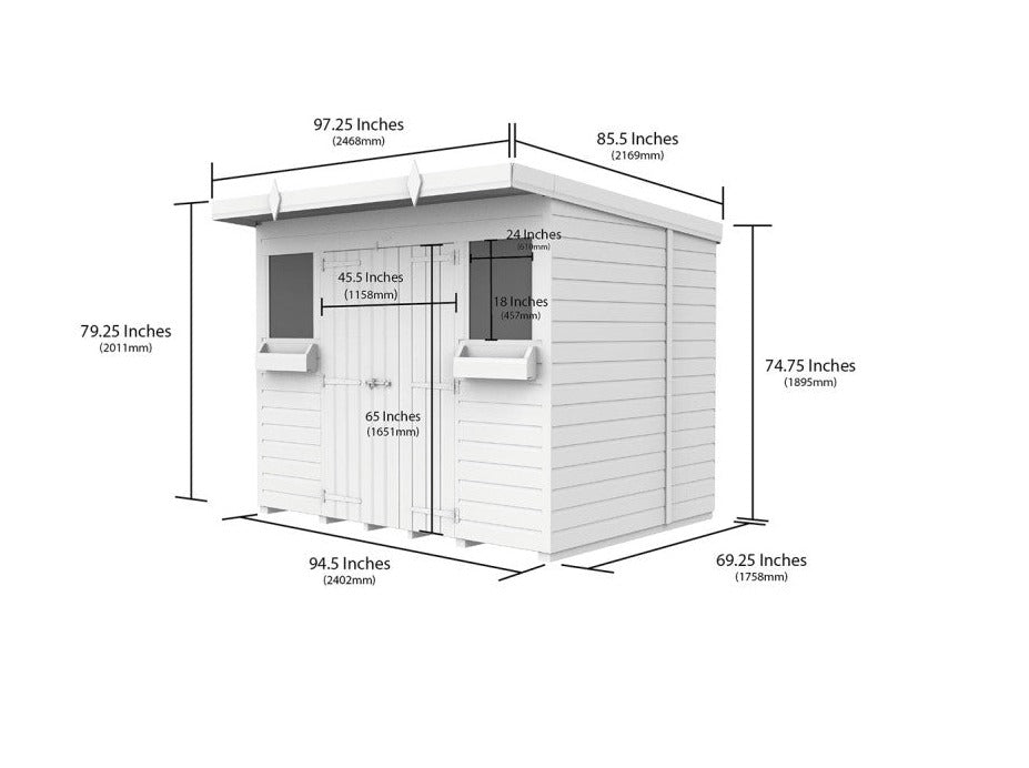 8ft x 6ft Pent Summer Shed - Measurements