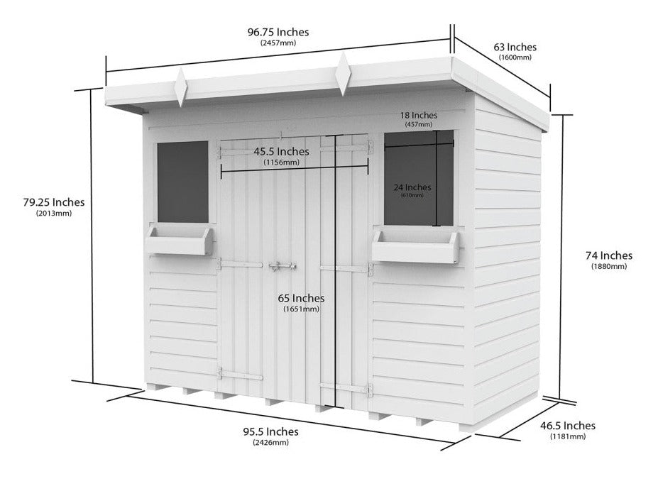 8ft x 4ft Pent Summer Shed - Measurements