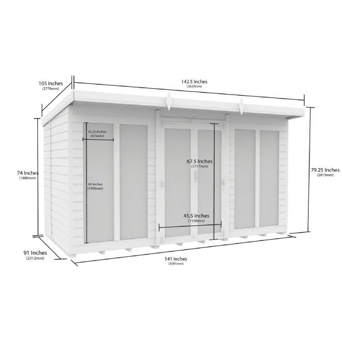 8ft x 12ft Pent Summer House (Full Height Window)