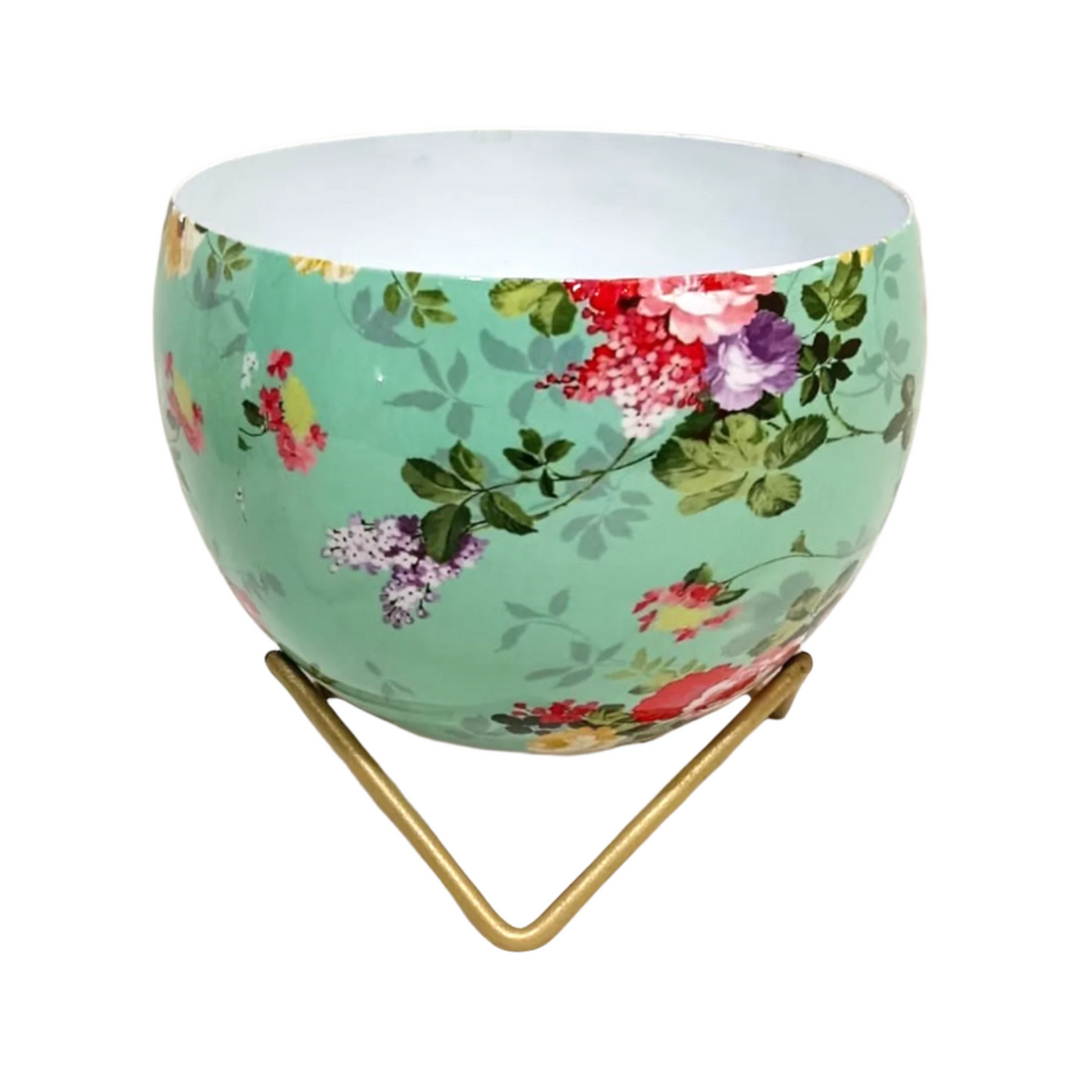 green floral planter on stand 13cm