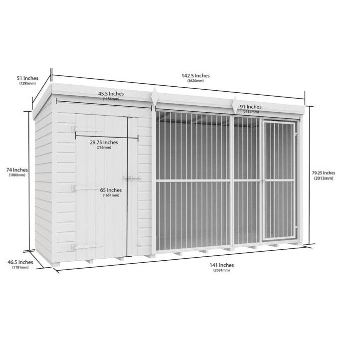 12ft x 4ft Dog Kennel and Run (Full Height with Bars)