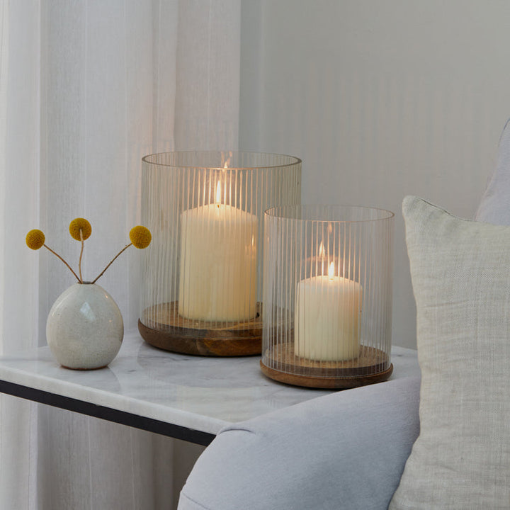 Ivyline Amelia Ribbed Glass Wooden Candle Holder