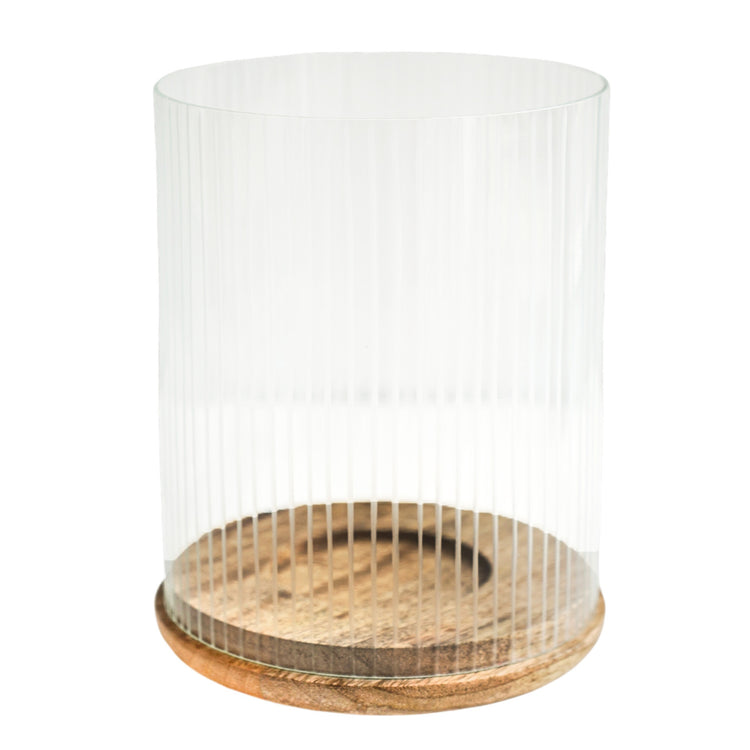 Ivyline Amelia Ribbed Glass Wooden Candle Holder