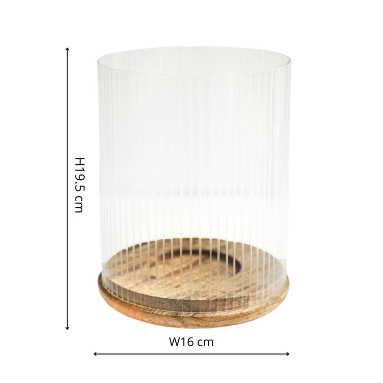 Ivyline Amelia Ribbed Glass Wooden Candle Holder