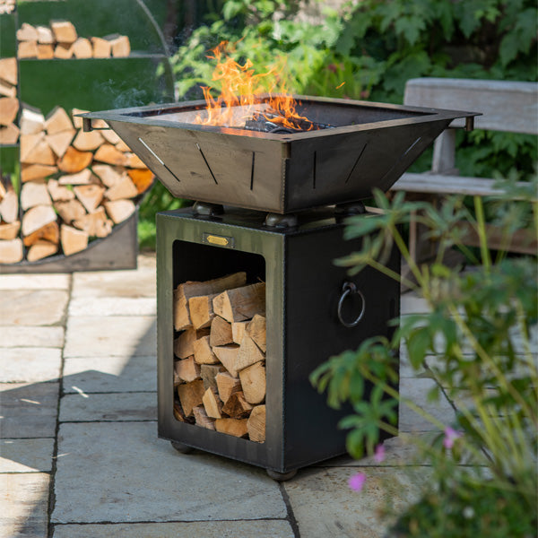 Firepits UK Box Tower with Log Store with Two Swing Arm BBQ Racks