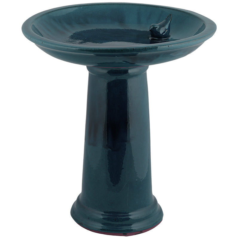 Ceramic Bird Bath on Pedestal - Blue