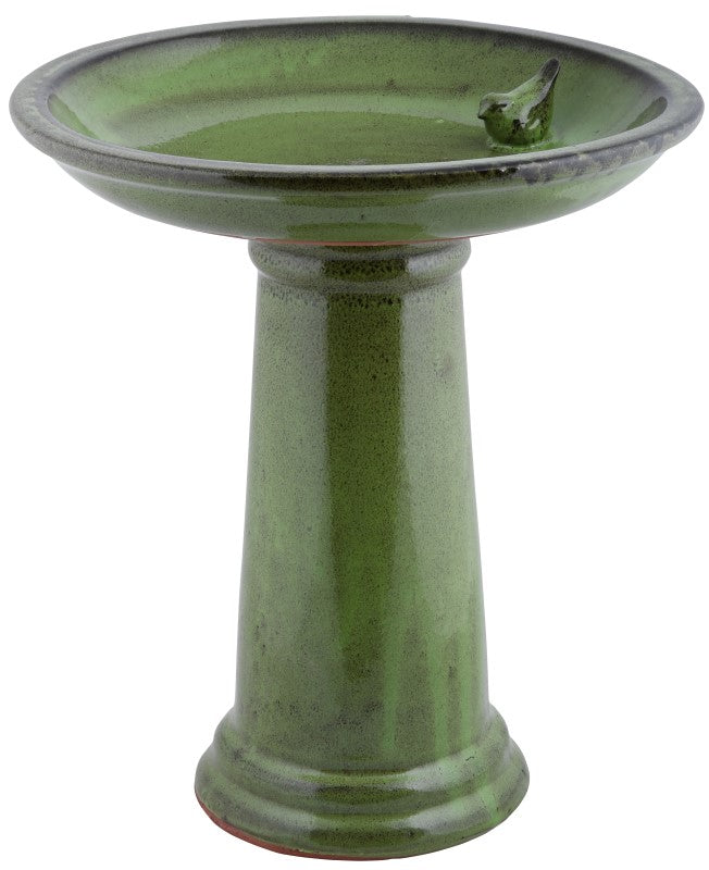 Ceramic Bird Bath on Pedestal - Green