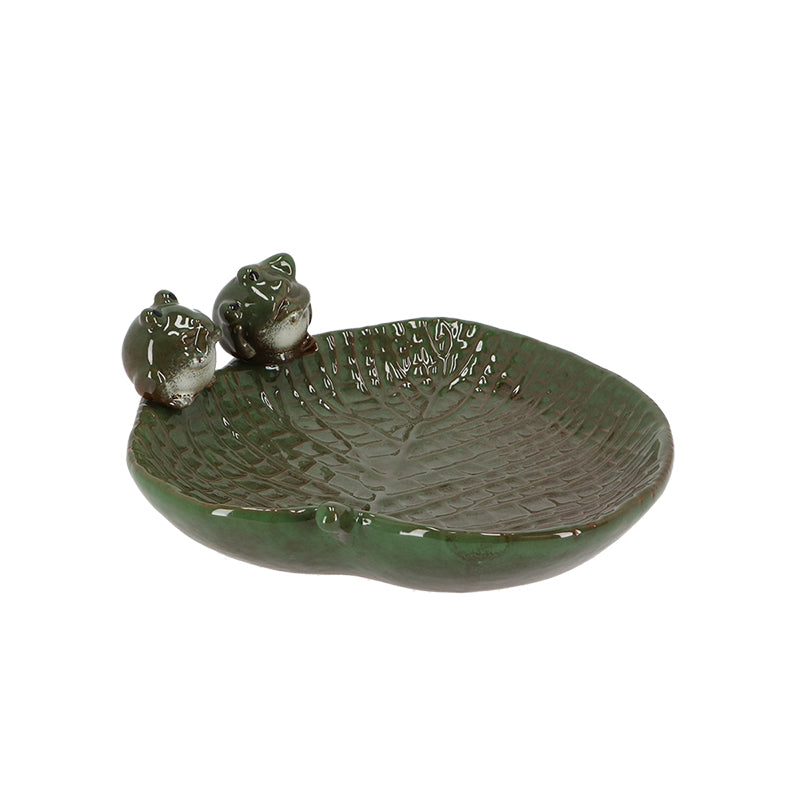 Ceramic Leaf Bird Bath with Frogs