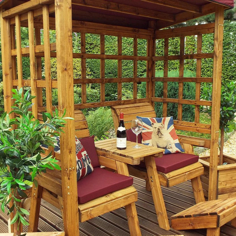 HENLEY TWIN SEAT ARBOUR BURG - close up, wine, glasses, cushions, threes, footstools