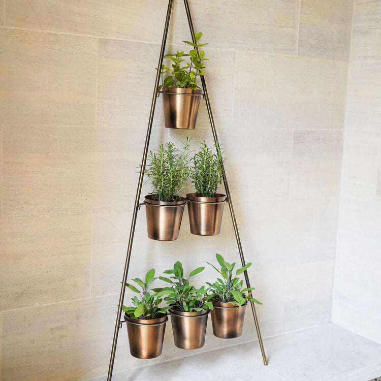 Ivyline Outdoor Vertical Gold Metal Wall Plant Stand with Planters