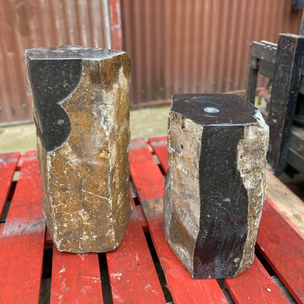 Set of 2 Hand Carved Natural Basalt Water Feature Fountains with LED