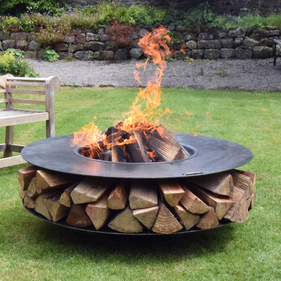 Firepits UK Flat Ring of Logs 120cm Firepit with Swing Arm BBQ Rack