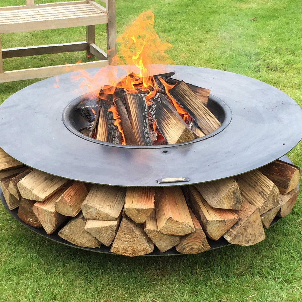 Firepits UK Flat Ring of Logs 120cm Firepit with Swing Arm BBQ Rack