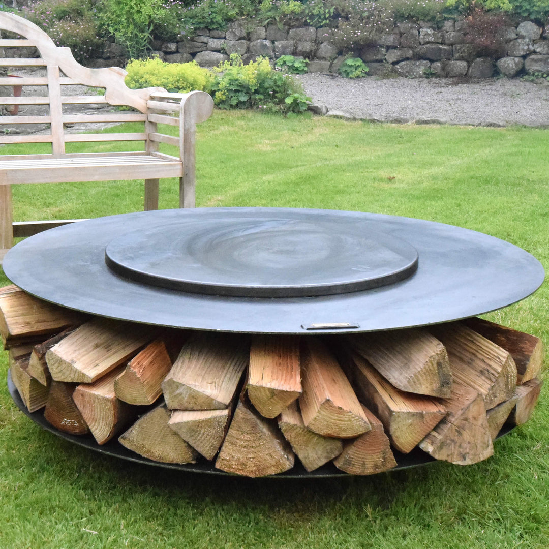 Firepits UK Flat Ring of Logs 120cm Firepit with Swing Arm BBQ Rack