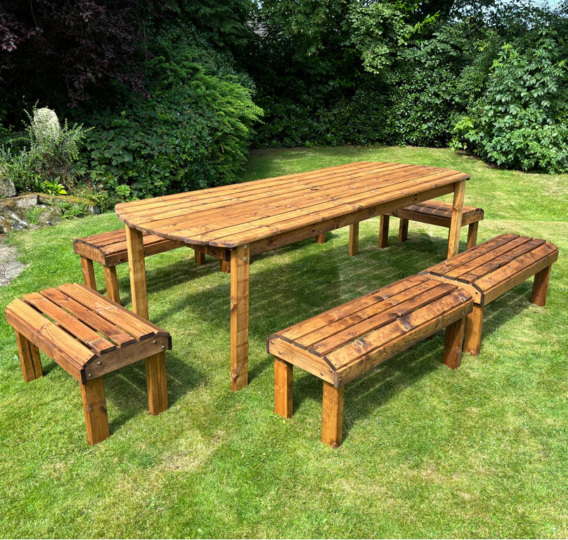 KNIGHTS TEN SEATER TABLE SET - view from corner, purple tree, sturdy wood.