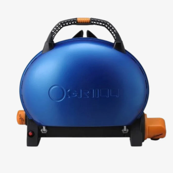 A blue O-Grill 500 folded up against a white background