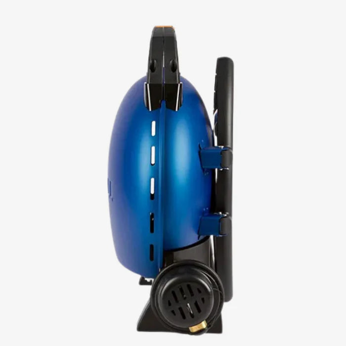 A blue O-Grill 500 folded up, side profile