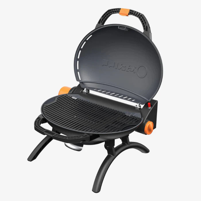 A black o-grill 500 opened up to show the grill against a white background