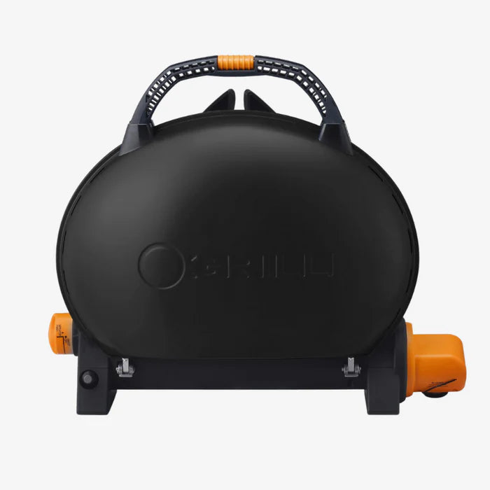A black o-grill 500 folded up against a white background
