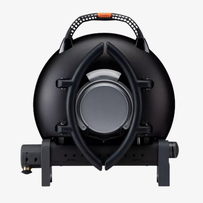 The base of a folded up black o-grill 600 against a white background.