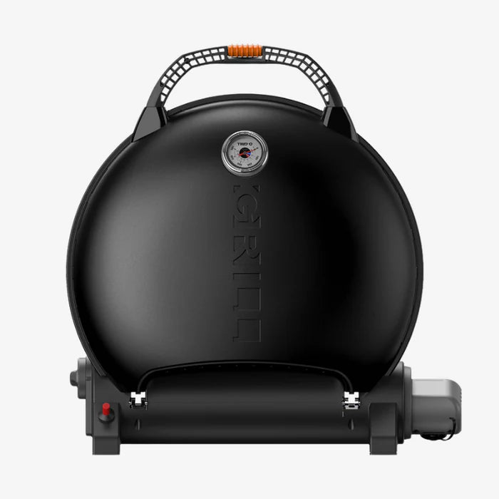 A black o-grill 600 folded up against a white background