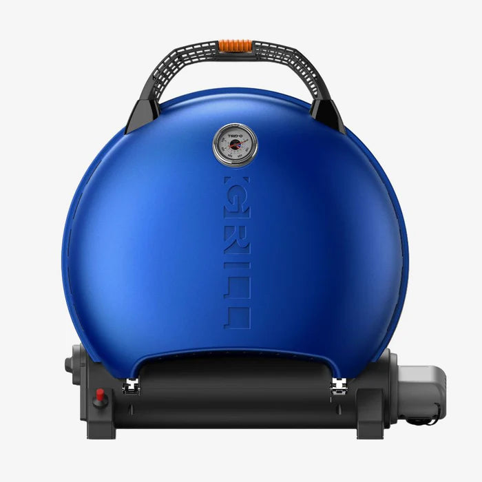 A blue o-grill 600 folded up against a white background