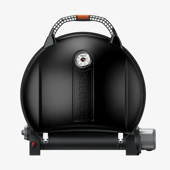 A black O-grill 900 folded and standing on its back against a white background