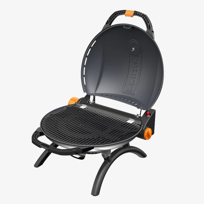 A black O-grill 900 opened and standing on its feet against a white background