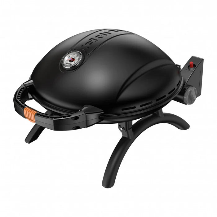 A black O-grill 900 unfolded and standing on its feet against a white background