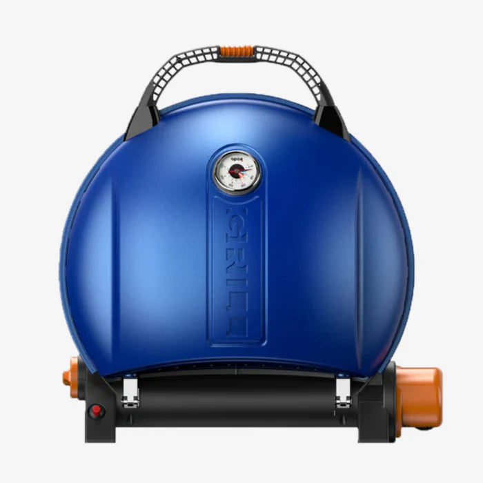 A blue O-grill 900 folded and standing on its back against a white background