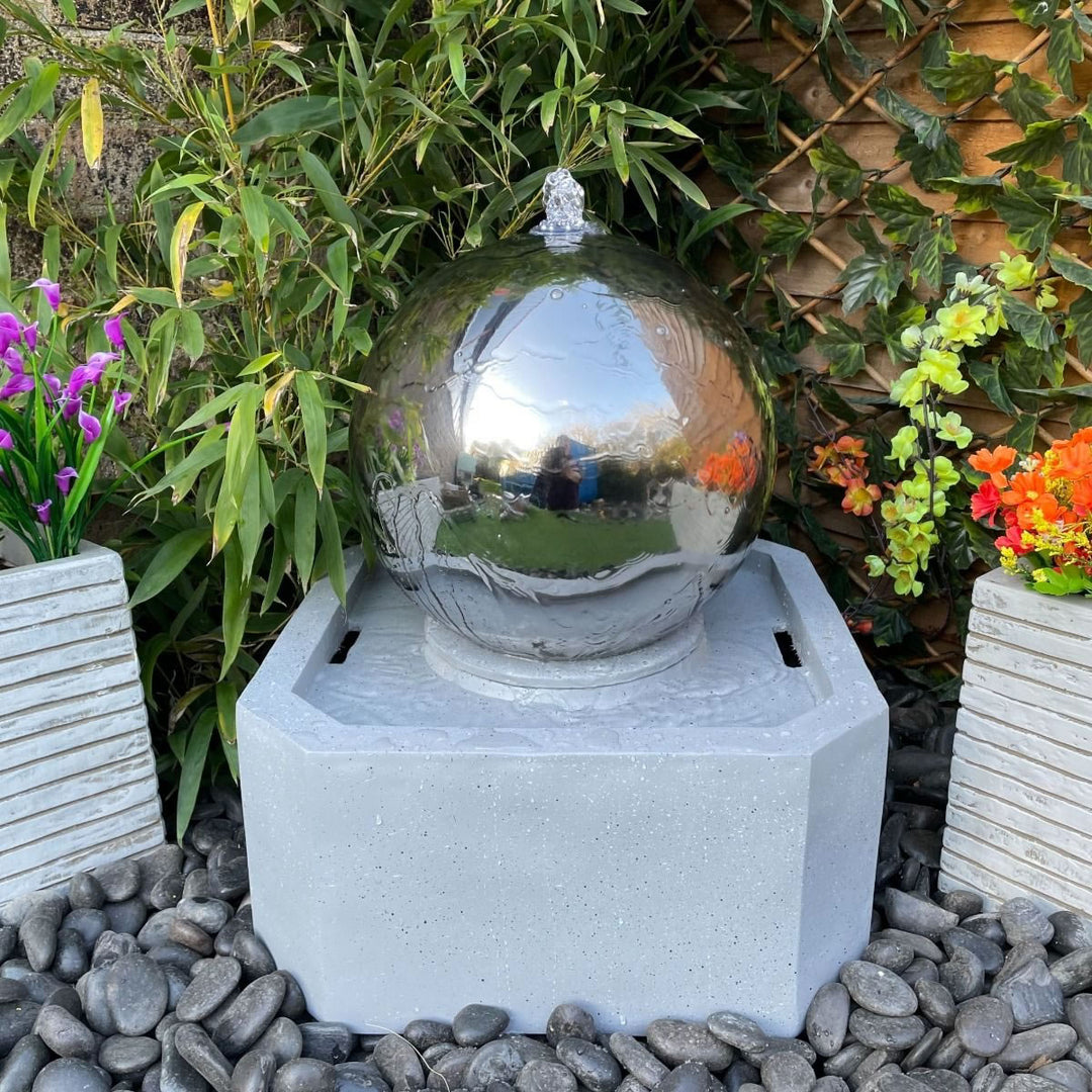 Tranquility Stainless Steel Sphere & Square Resin Base Water Feature