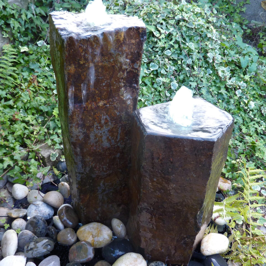 Set of 2 Hand Carved Natural Basalt Water Feature Fountains with LED
