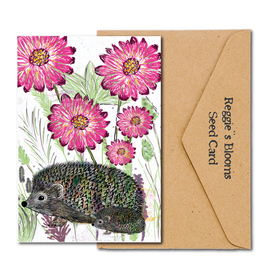 Hedgehog And Pink Blooms Wildflower Plantable Seed Greeting Card